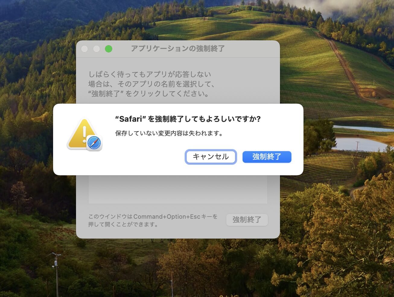 選択していただくと「キャンセル」か「強制終了」のボタンが出てきますので「強制終了」をクリックしてもらえるとフリーズしたブラウザやアプリも終了します