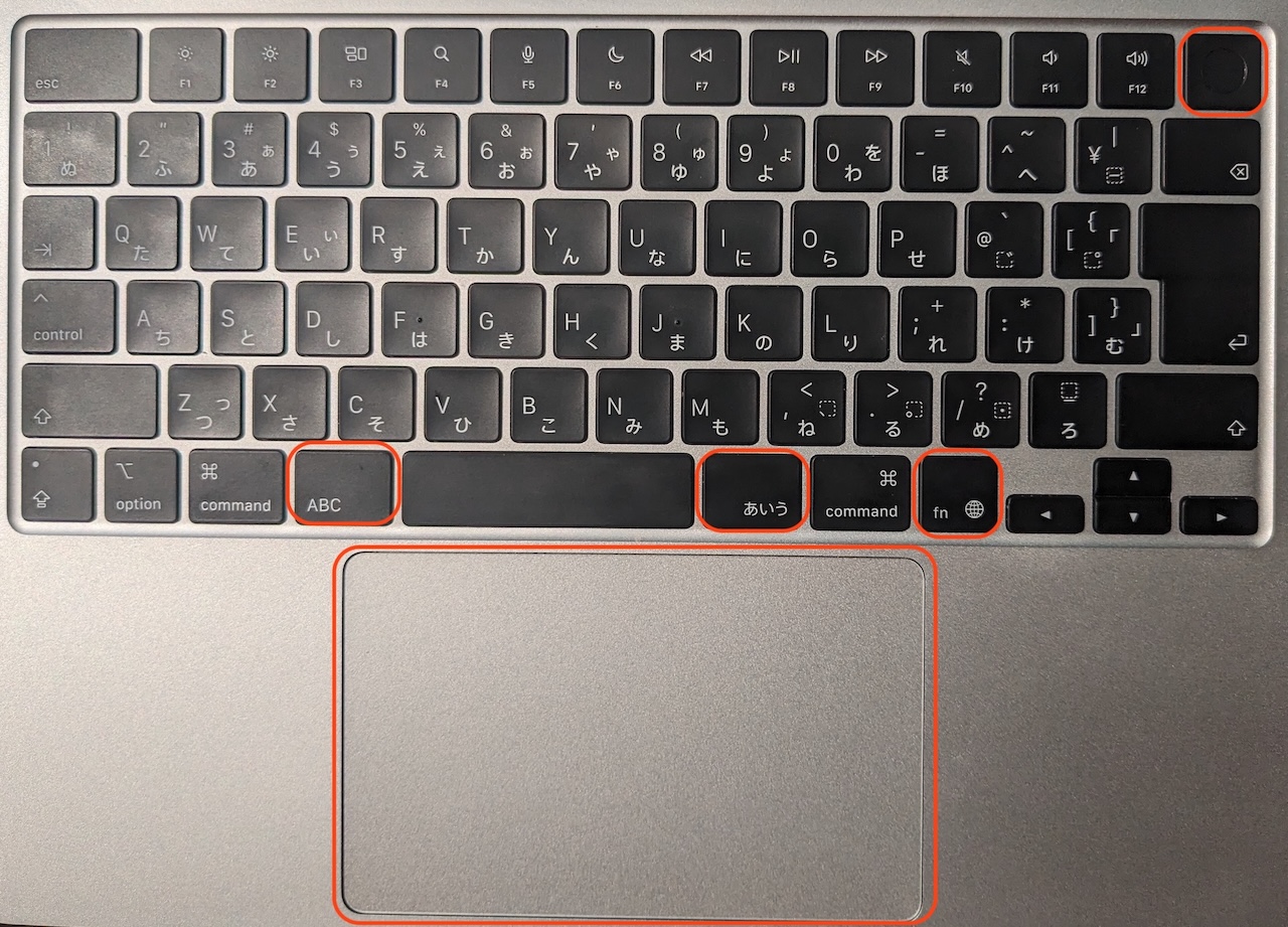 「ABC」「トラックパッド」「あいう」「fn」「Touch ID」