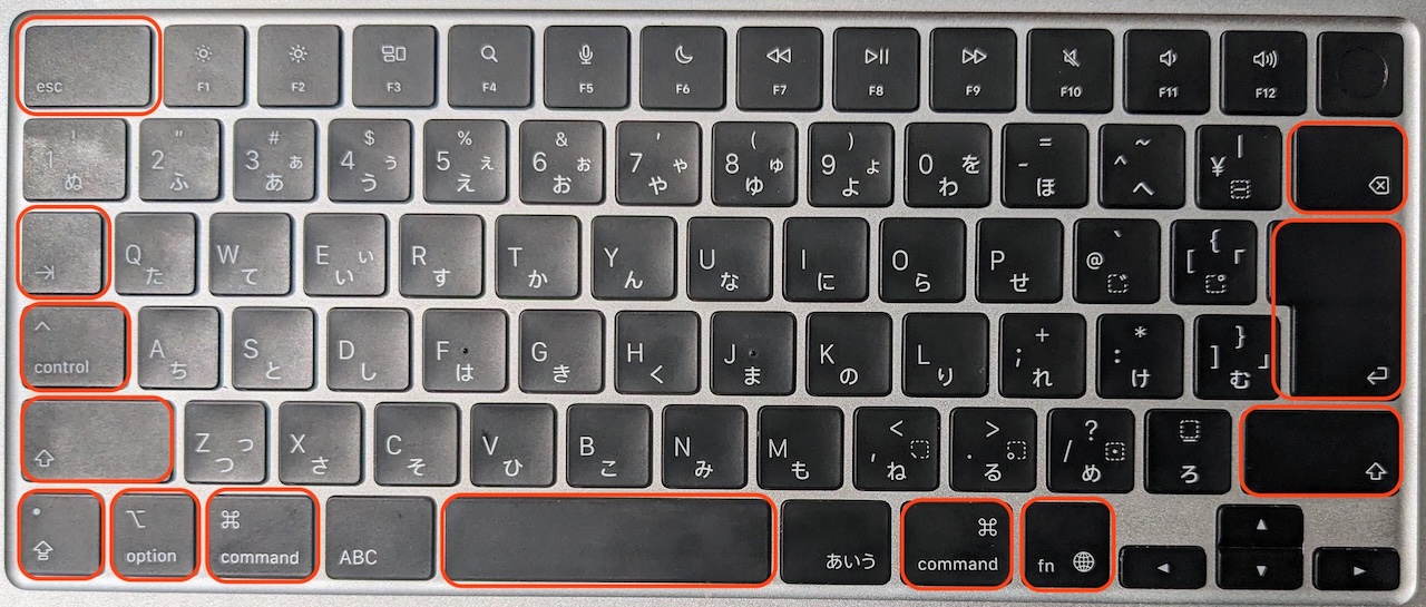 「esc」「Tab（⇥）」「Shift（⇧）」「capslock（⇪）」「option（⌥）」「command（⌘）」「Space」「Fn」「delete [⌫]」「return [⏎]」