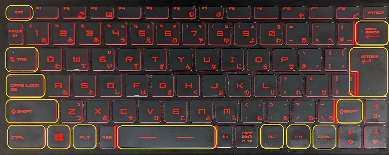 「esc」「⇄ Tab」「capslock」「Shift（⇧）」「CTRL」「Windowsキー」「Alt」「Space」「Fn」「Enter [⏎]」「BackSpace」